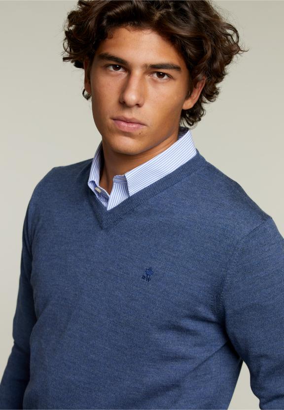 Op Maat Gemaakte Merino V-Hals Trui Denim Mix - Blauw - W