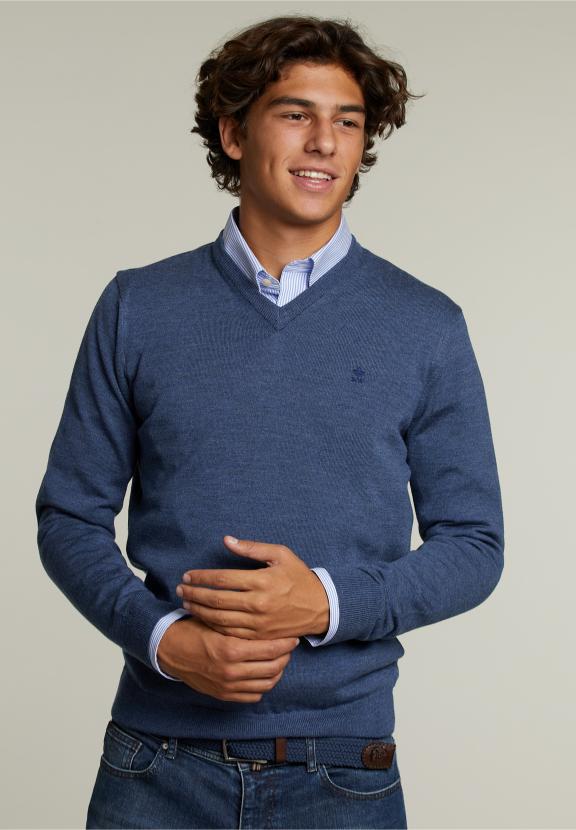 Op Maat Gemaakte Merino V-Hals Trui Denim Mix - Blauw - W