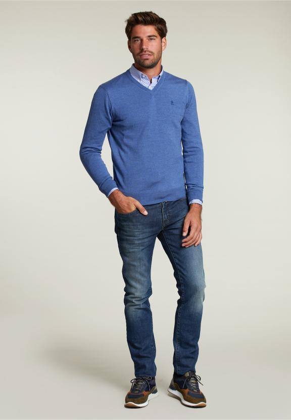 Op Maat Gemaakte Merino V-Hals Trui Stad Blauw Mix - W