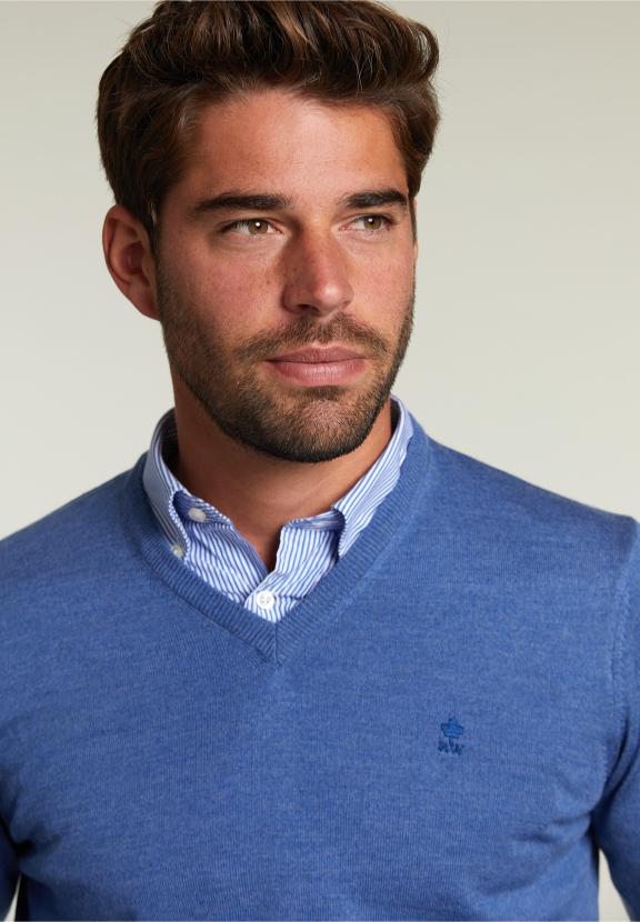 Op Maat Gemaakte Merino V-Hals Trui Stad Blauw Mix - W
