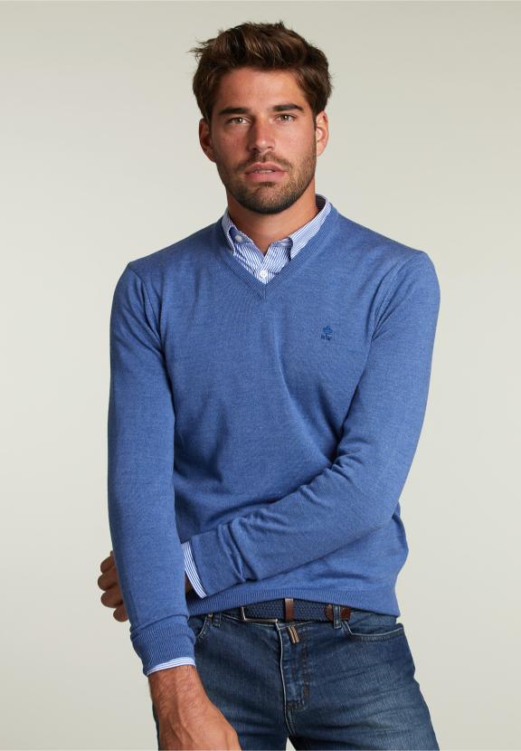 Op Maat Gemaakte Merino V-Hals Trui Stad Blauw Mix - W