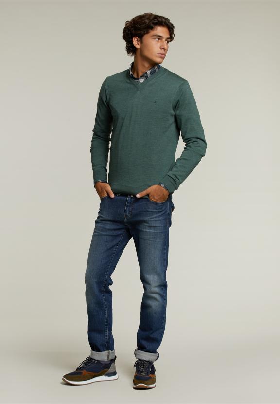 Custom Fit Merino V-Neck Pullover Cottage Mix - Khaki