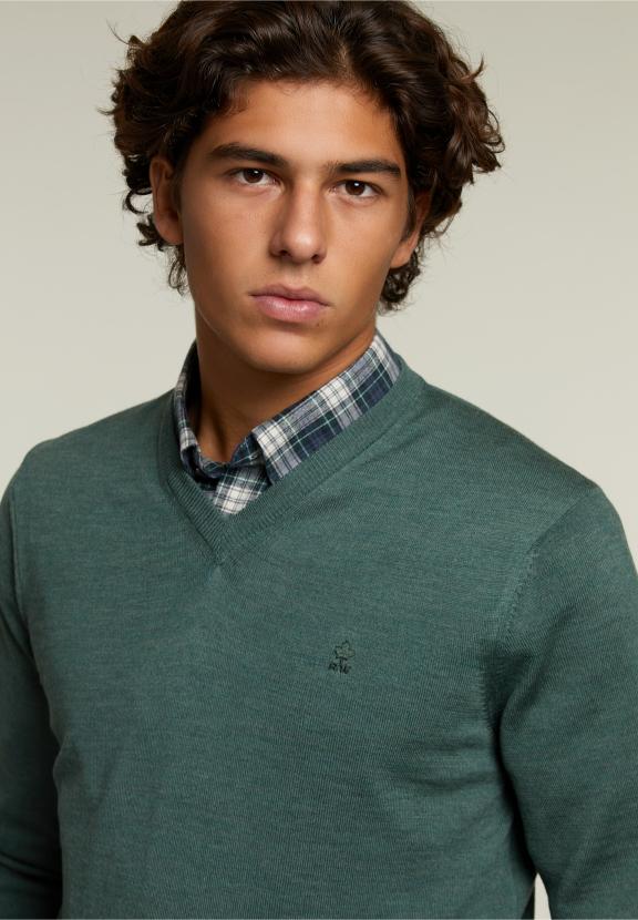 Custom Fit Merino V-Neck Pullover Cottage Mix - Khaki