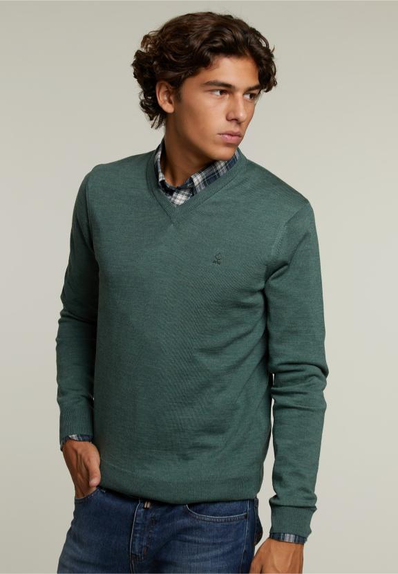 Custom Fit Merino V-Neck Pullover Cottage Mix - Khaki