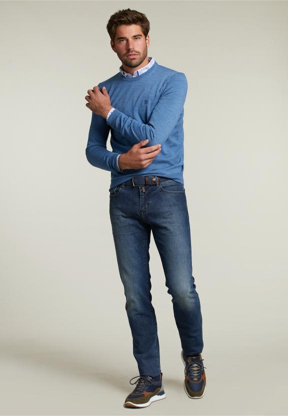 Op Maat Gemaakte Merino Ronde Hals Trui Wall Street Mix - Blauw - W