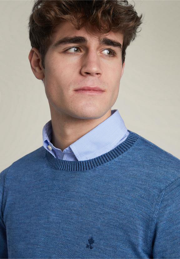 Slim Fit Round Neck Pullover Blue - Bleu