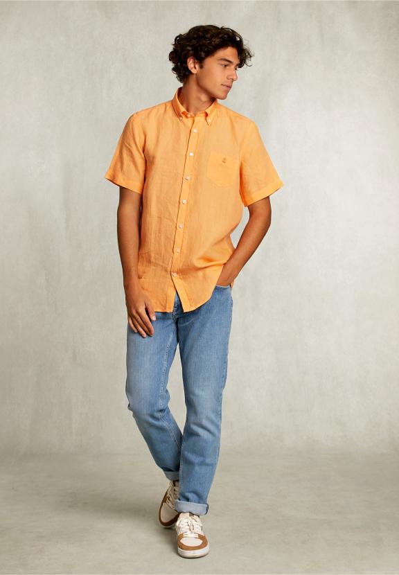 Custom Fit Linen Shirt Short Sleeves Starfish - Oranje