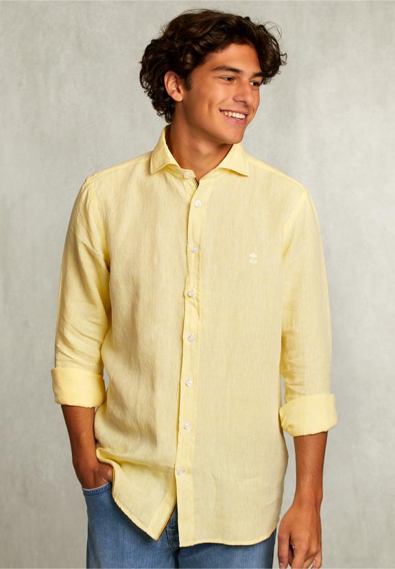 Custom Fit Linen Shirt Butterfly - Geel