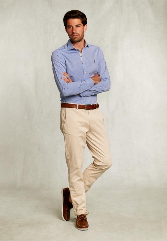 Slim Fit Cotton-Linen Shirt Blue - Blauw