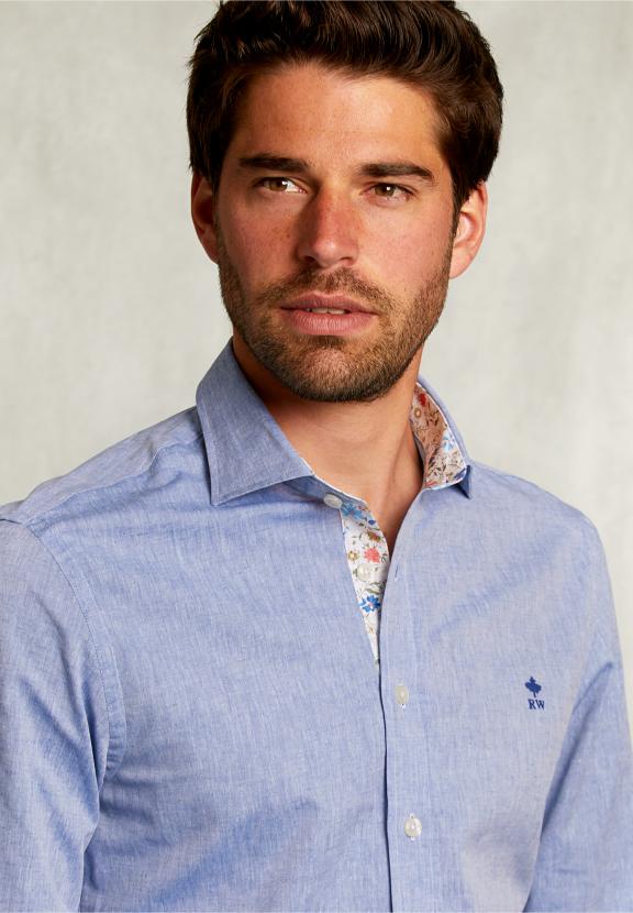 Slim Fit Cotton-Linen Shirt Blue - Blauw