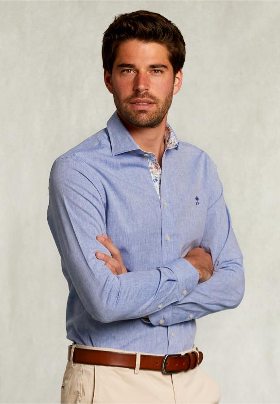 Slim Fit Cotton-Linen Shirt Blue - Blauw