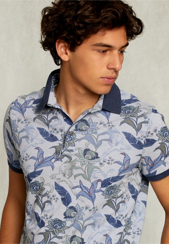 Custom Fit Cotton Floral Polo Lt Mombasa Mix - Bleu