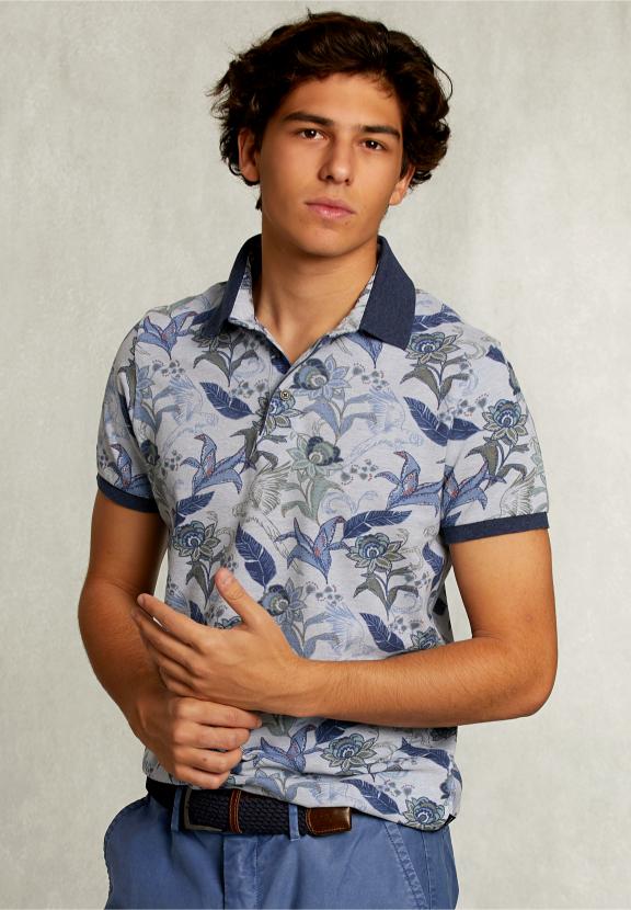 Custom Fit Cotton Floral Polo Lt Mombasa Mix - Bleu
