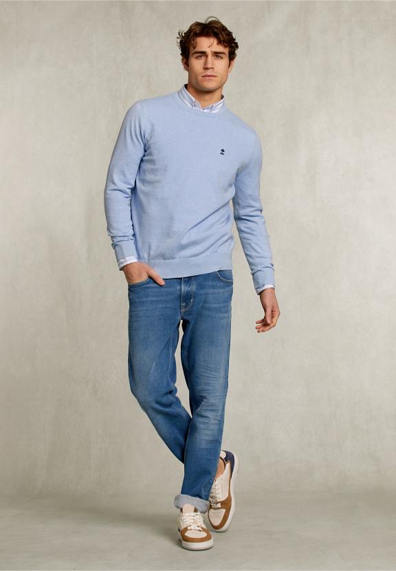 Normal Fit Basic Cotton Crew Neck Pullover Ice Queen Mix - Blauw