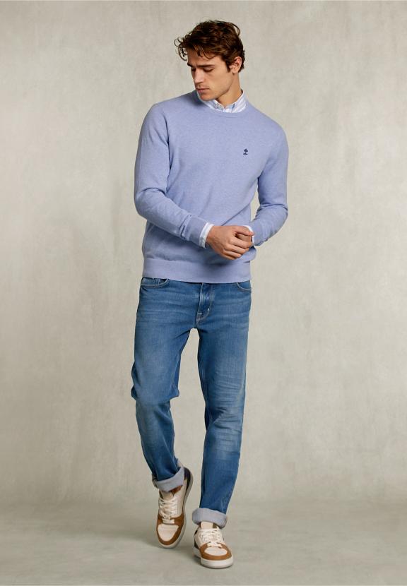 Normal Fit Basic Cotton Crew Neck Pullover Tropez Mix - Blauw