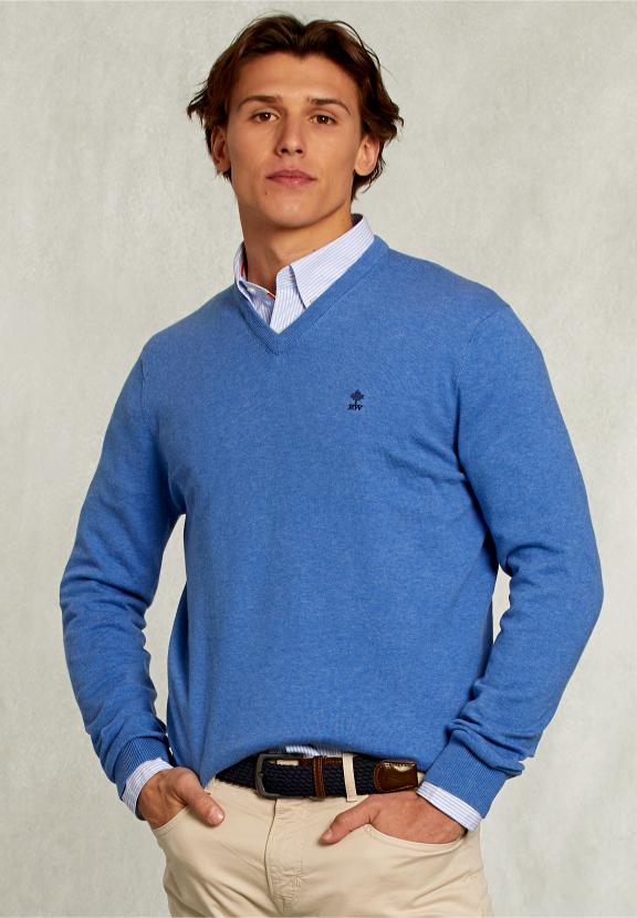 Normal Fit Basic Cotton V-Neck Pullover Bluetiful Mix - Blauw