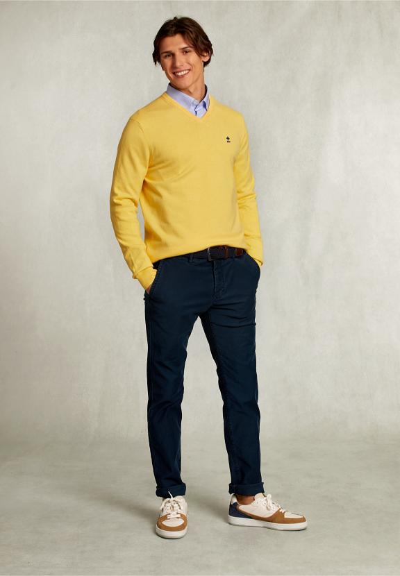 Normal Fit Basic Cotton V-Neck Pullover Butterfly Mix - Geel