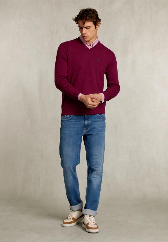 Normal Fit Basic Cotton V-Neck Pullover Cuberdon Mix - Paars