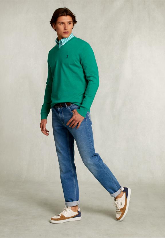 Normal Fit Basic Cotton V-Neck Pullover Green Twist Mix - Groen
