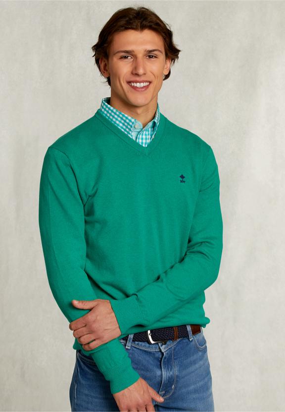 Normal Fit Basic Cotton V-Neck Pullover Green Twist Mix - Groen