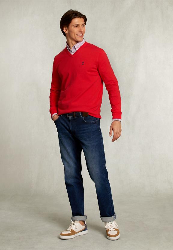 Normal Fit Basic Cotton V-Neck Pullover Pomegranate - Roze