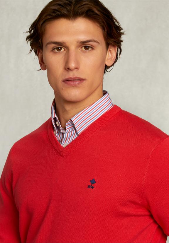 Normal Fit Basic Cotton V-Neck Pullover Pomegranate - Roze