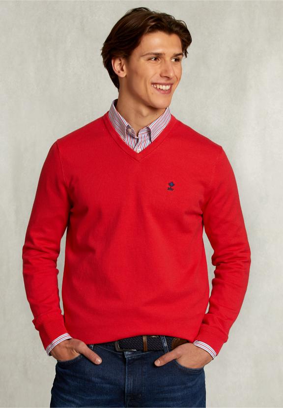 Normal Fit Basic Cotton V-Neck Pullover Pomegranate - Roze