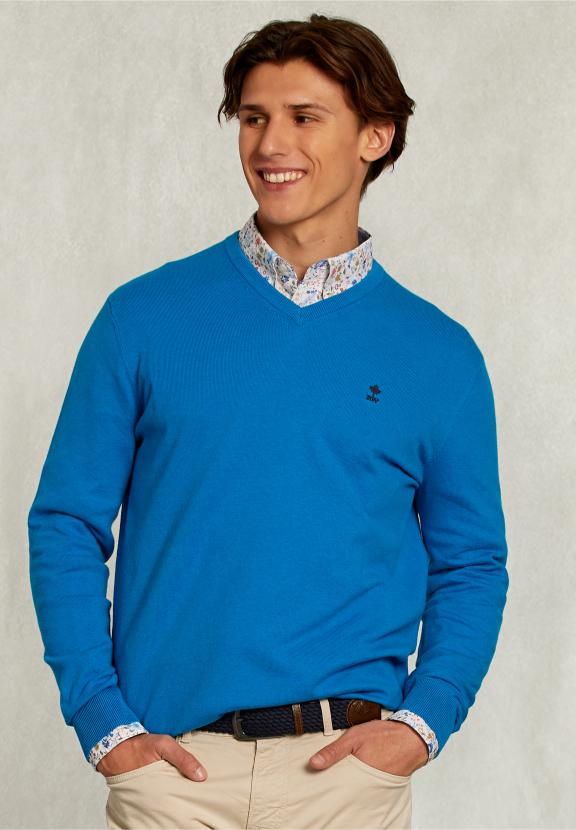 Normal Fit Basic Cotton V-Neck Pullover Tropical Blue Mix - Bleu