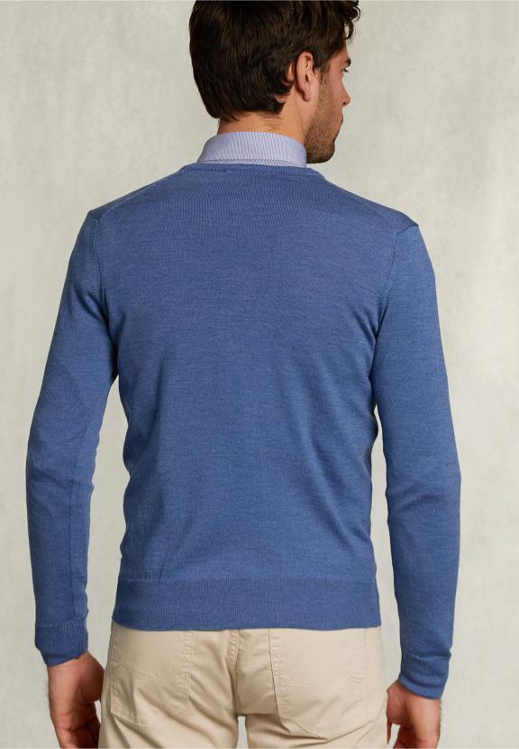 Custom Fit Merino V-Neck Pullover Anon Blue Mix - Bleu