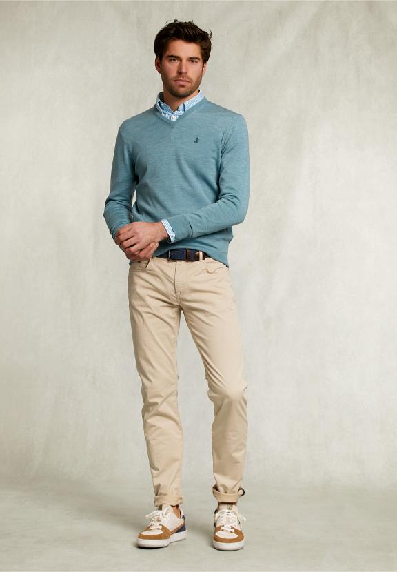 Custom Fit Merino V-Neck Pullover Dark Sisal Mix - Khaki