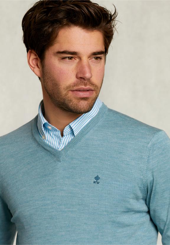 Custom Fit Merino V-Neck Pullover Dark Sisal Mix - Khaki