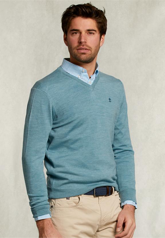 Custom Fit Merino V-Neck Pullover Dark Sisal Mix - Khaki