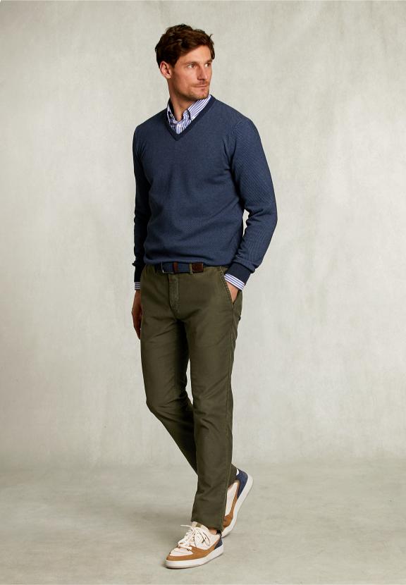 Custom Fit V-Neck Sweater Dark Mombasa Mix - Blauw