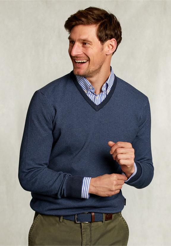 Custom Fit V-Neck Sweater Dark Mombasa Mix - Blauw