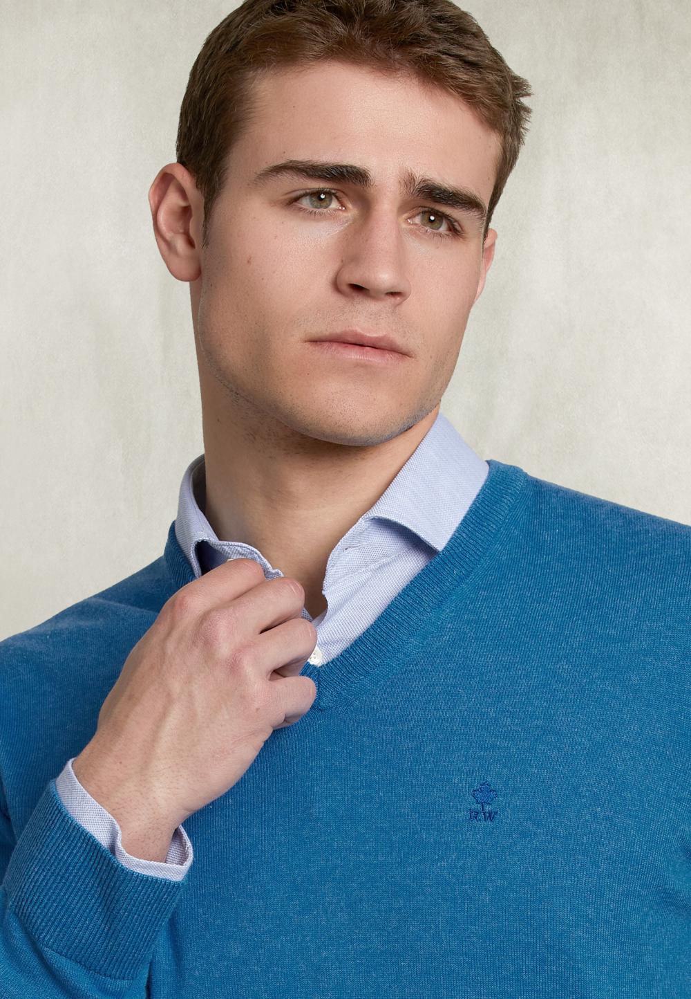 Basic V-Neck Pullover Blue Bird Mix - Blauw