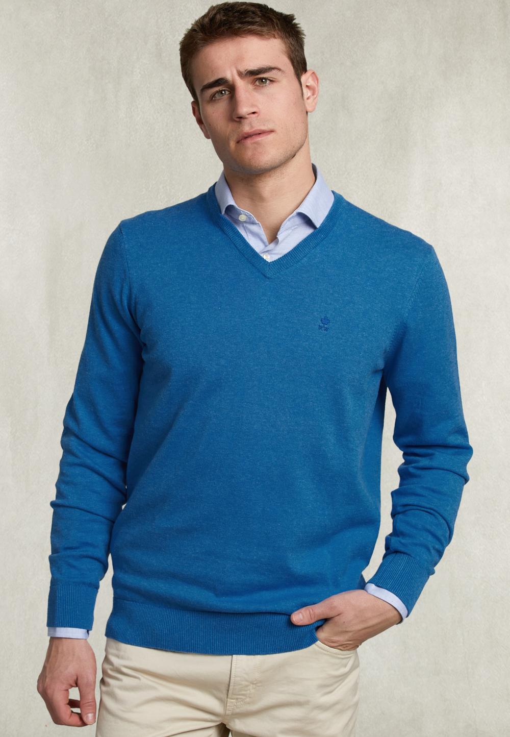 Basic V-Neck Pullover Blue Bird Mix - Blauw