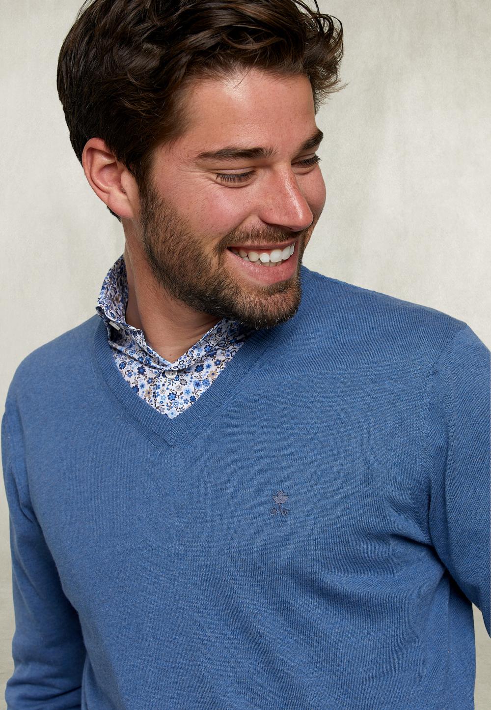 Basic V-Neck Pullover Dark Denim Mix - Blauw