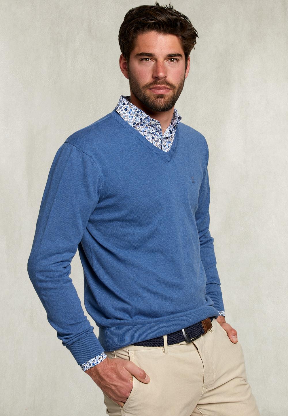 Basic V-Neck Pullover Dark Denim Mix - Blauw
