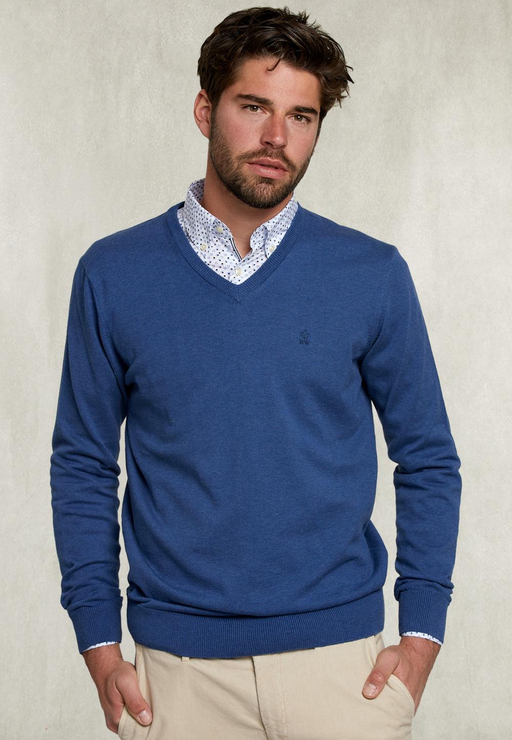 Basic V-Neck Pullover Deep Blue Mix - Blauw