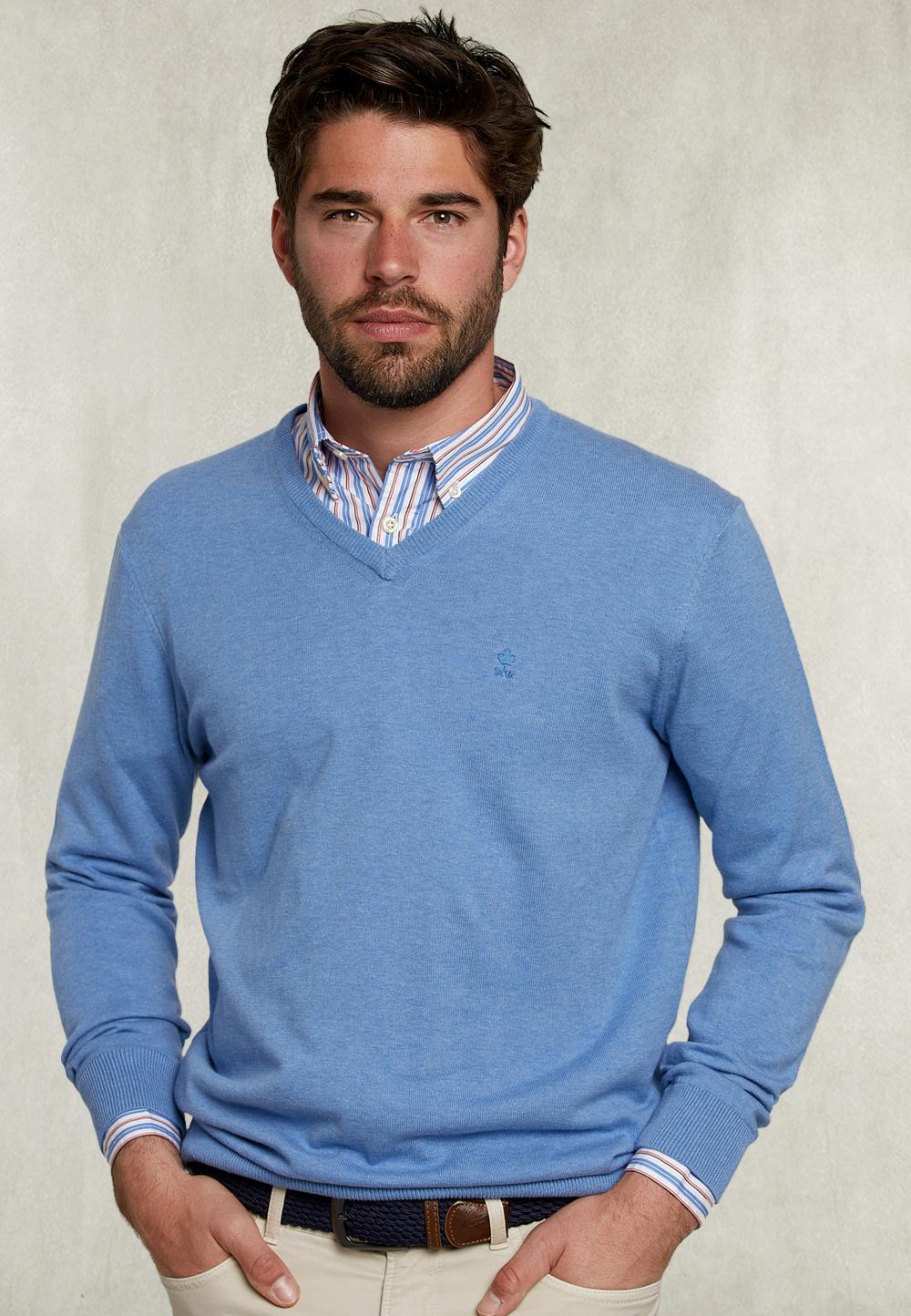 Basic V-Neck Pullover Light Denim Mix - Blauw