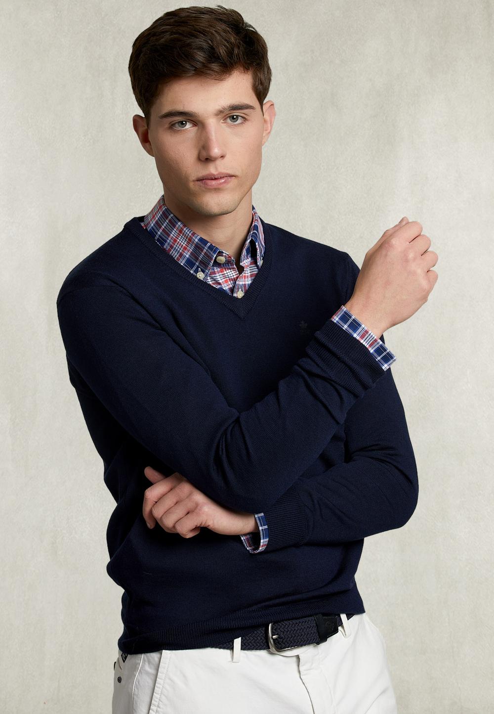 Basic Merino V-Neck Pullover Admiral - Blauw