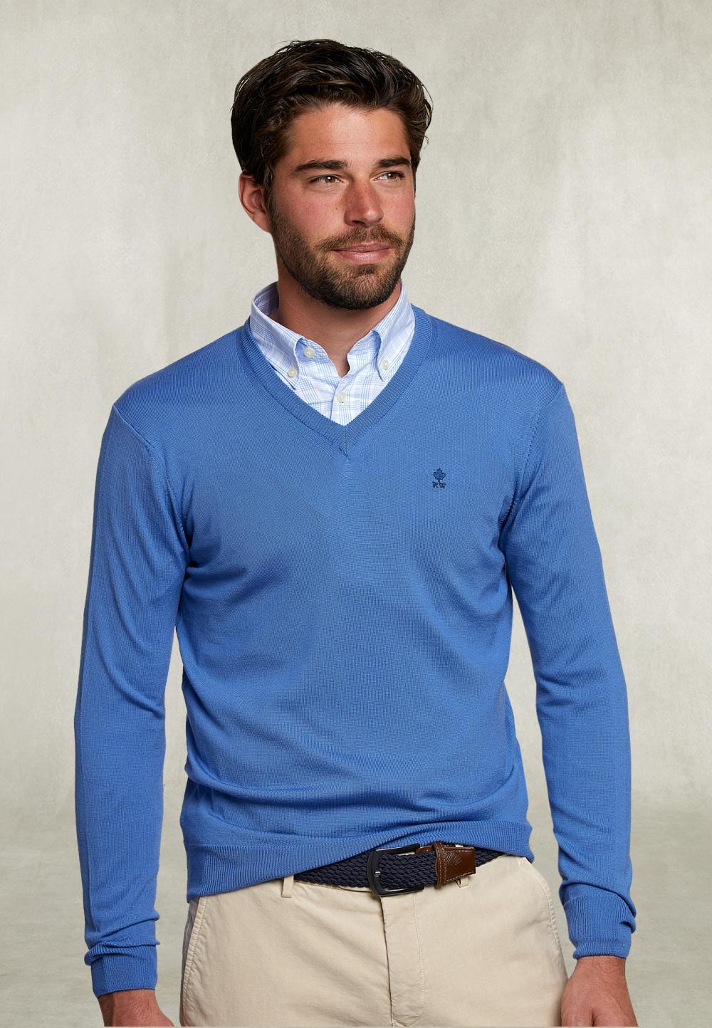 Basic Merino V-Neck Pullover Blue Bird - Blauw