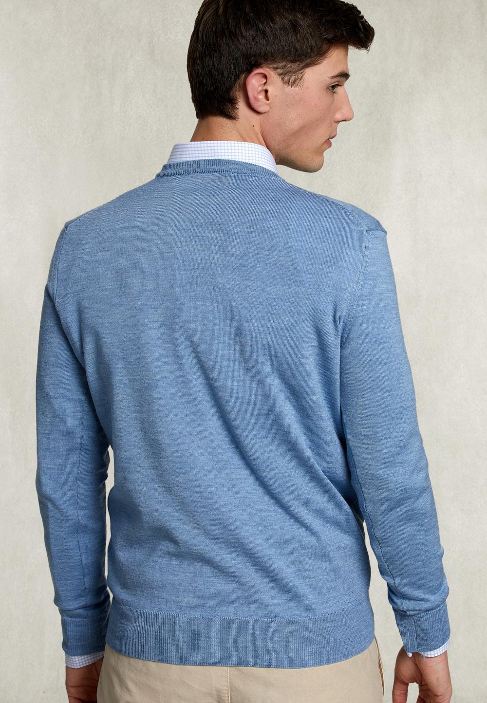 Basic Merino V-Neck Pullover Dark Chambray Mix - Blauw