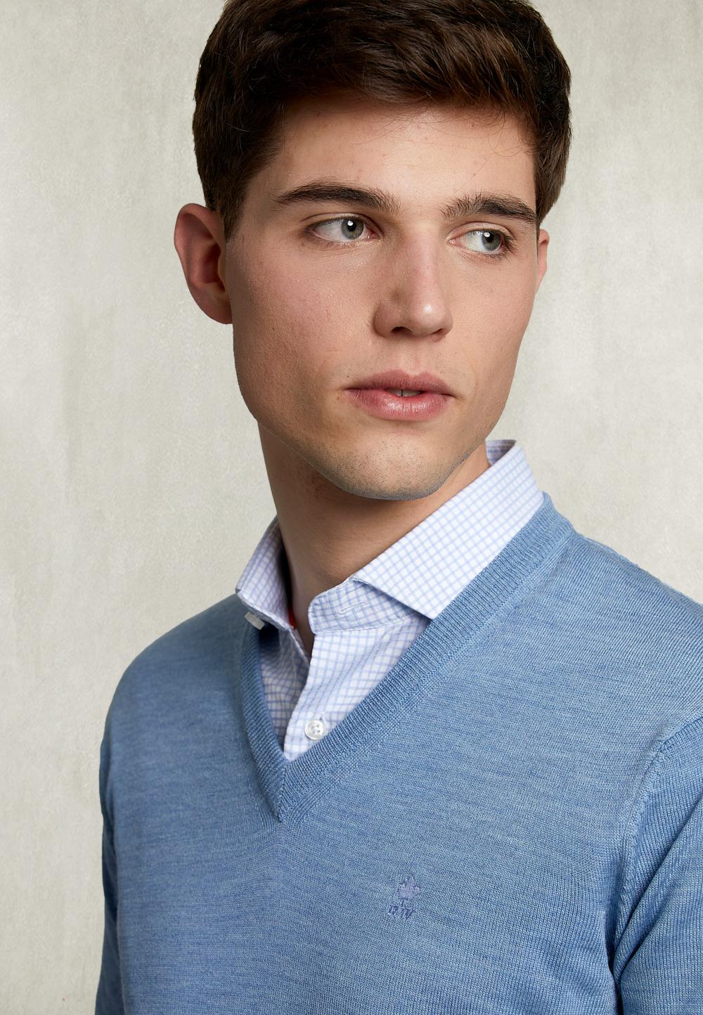 Basic Merino V-Neck Pullover Dark Chambray Mix - Blauw