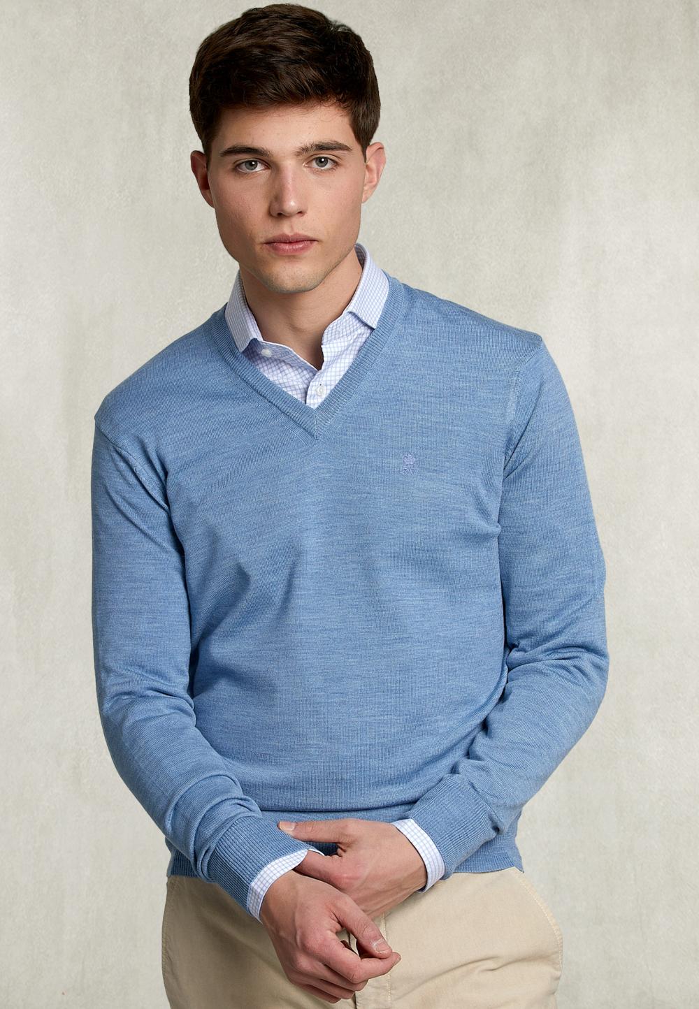 Basic Merino V-Neck Pullover Dark Chambray Mix - Blauw
