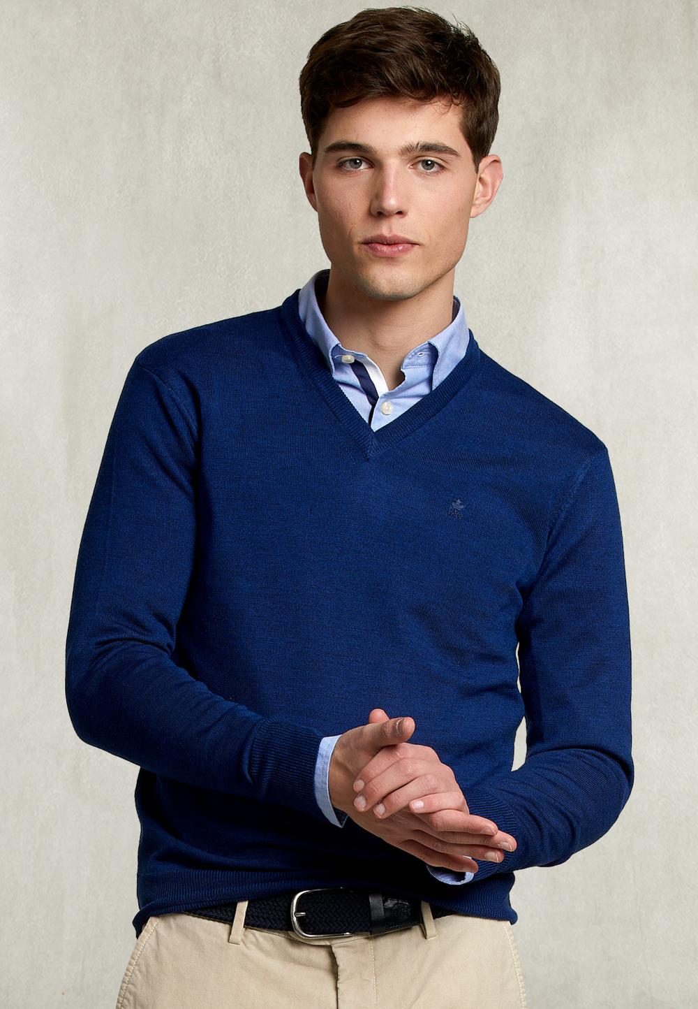 Basic Merino V-Neck Pullover Dark Exotic - Blauw