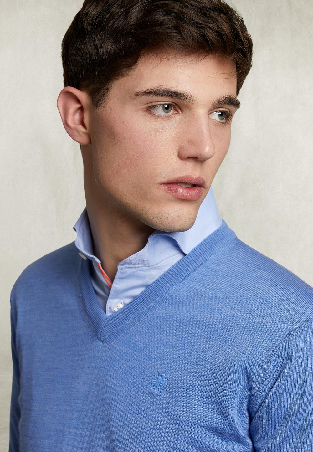 Basic Merino V-Neck Pullover Light Glory Mix - Blauw