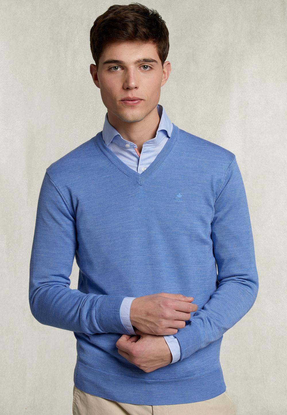 Basic Merino V-Neck Pullover Light Glory Mix - Blauw