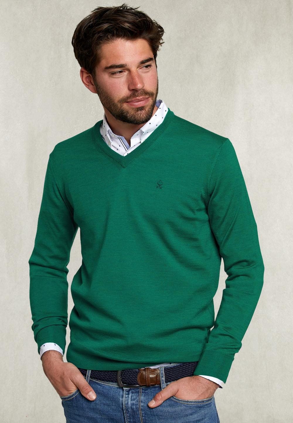 Basic Merino V-Neck Pullover New Green Mix - Groen