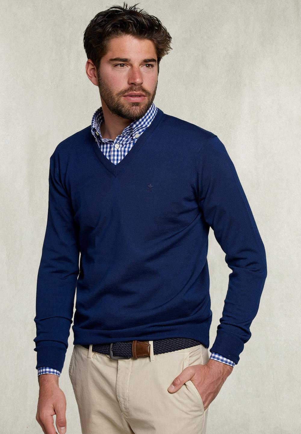 Basic Merino V-Neck Pullover Oxford Blue - Blauw